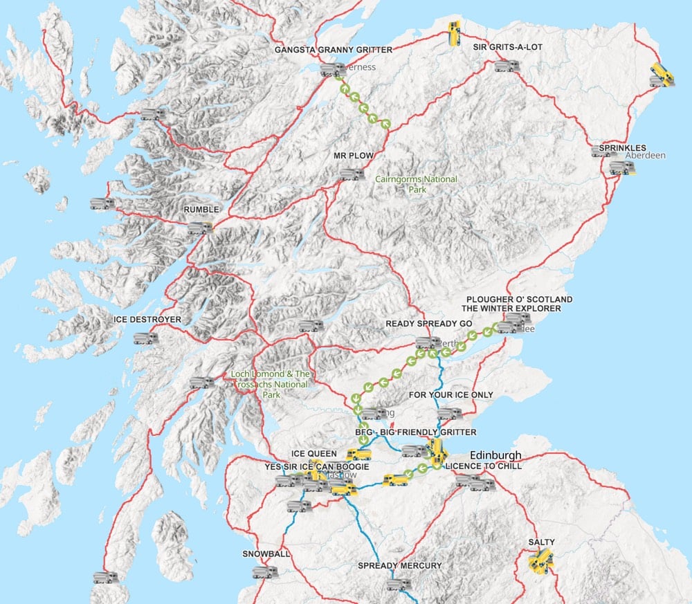 a map of Scotland's fleet of snow plows
