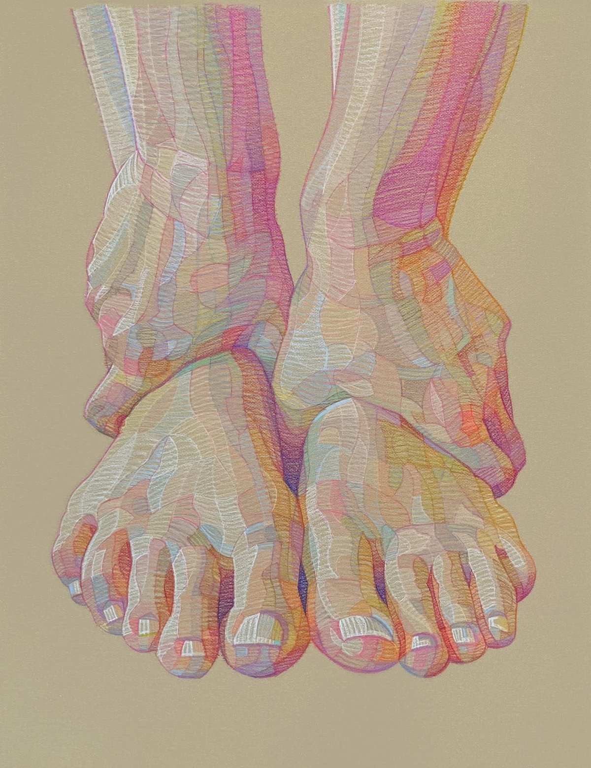colored pencil drawing of a pair of hands grabbing ankles