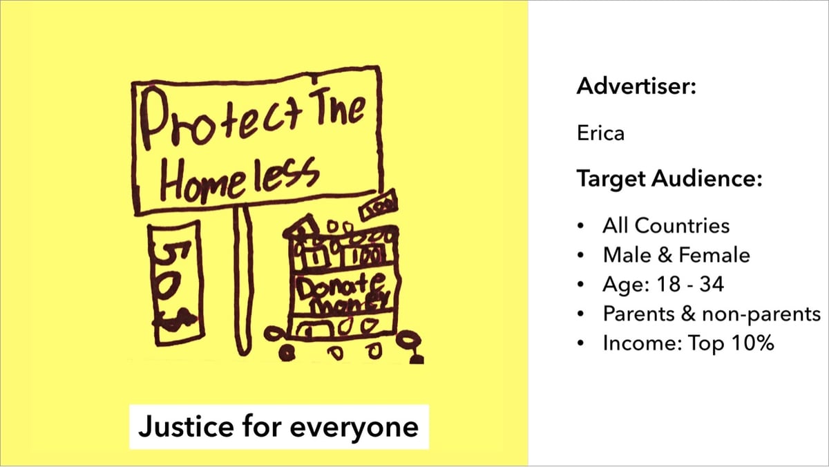 a hand-drawn advertisement that reads 'Protect the Homeless. Justice for everyone.'