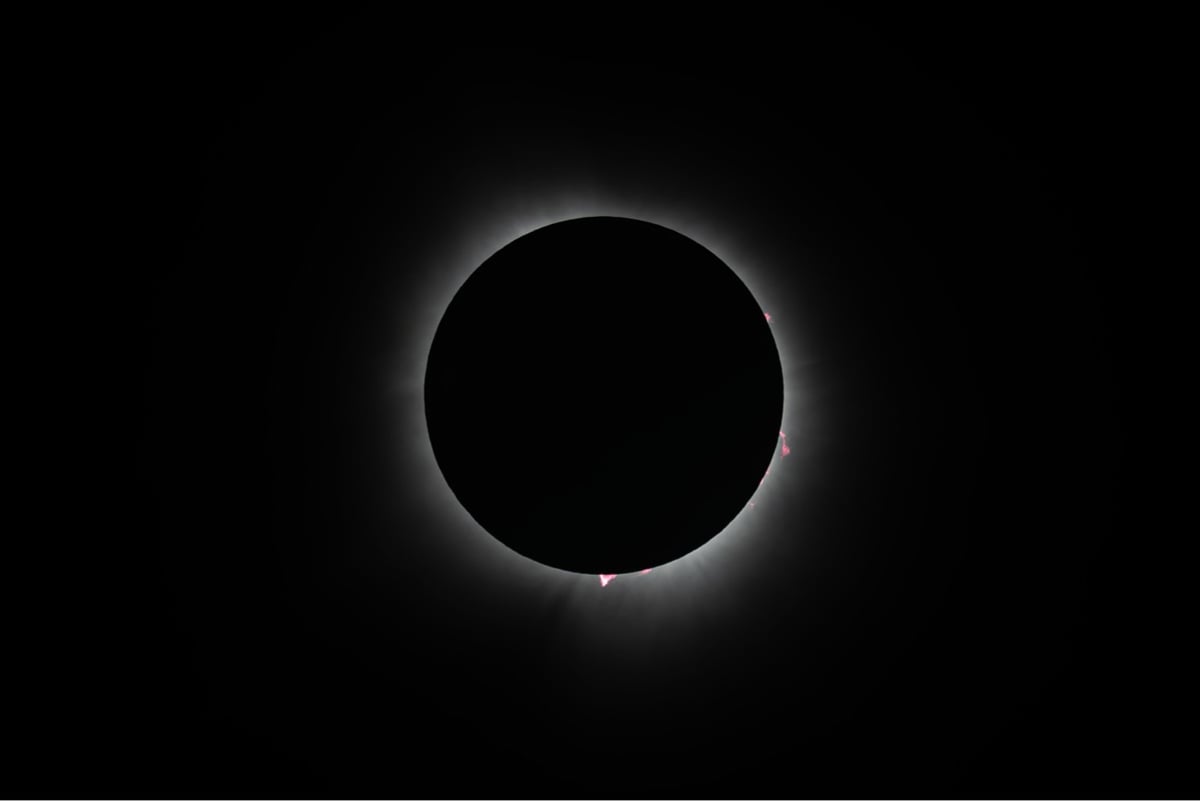 photograph of a total eclipse, showing the solar prominences around the edge